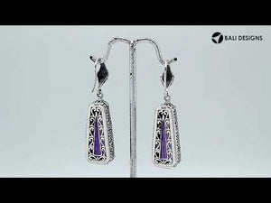 Sterling silver Green Amethyst Quartz long floral drop earrings with oxidized finish and earwire lock.