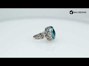 Sterling Silver Floral Balinese Round Shape Statement Ring With Blue Topaz Quartz