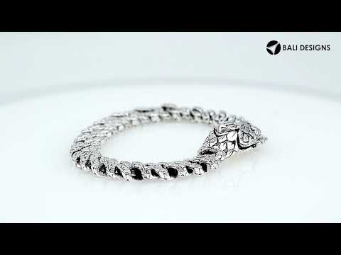 Wholesale sterling silver dragon-scale textured bangle featuring a woven chain structure and secure hook lock, crafted with bold Balinese artisan detailing for premium collections.