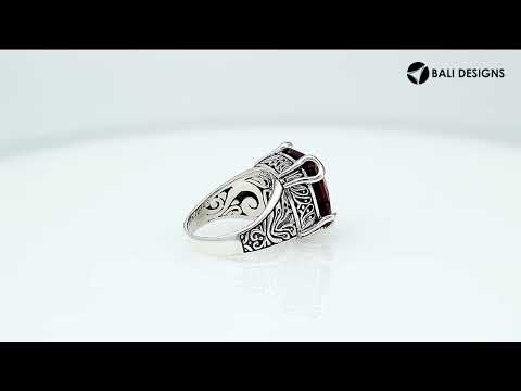 Sterling Silver Cushion Red Garnet Quartz Ring With Balinese Scroll Engraving