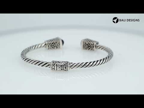 Sterling silver handcrafted bangle with amethyst quartz, twisted rope Balinese cuff.