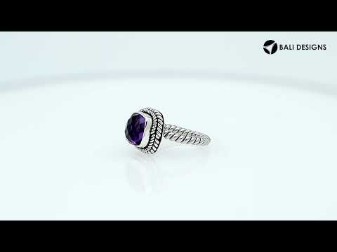 Sterling Silver Rope Band Ring With Amethyst Quartz Cushion Center