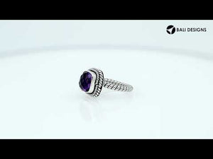 Sterling Silver Rope Band Ring With Amethyst Quartz Cushion Center