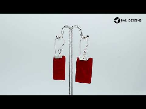 Silver square earrings with Red Coral and artistic top accent
