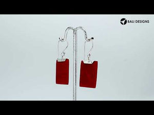 Silver square earrings with Red Coral and artistic top accent