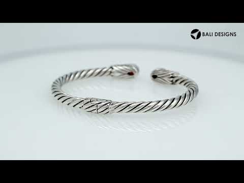 Sterling silver Balinese cuff Bangle with pear-shaped garnet, Quartz, and twisted cable design