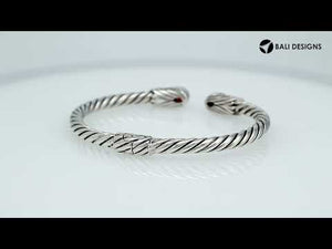 Sterling silver Balinese cuff Bangle with pear-shaped garnet, Quartz, and twisted cable design