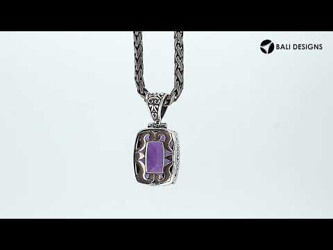 Sterling silver rectangular pendant with faceted amethyst quartz and ornate Bali detailing, handcrafted in Indonesia