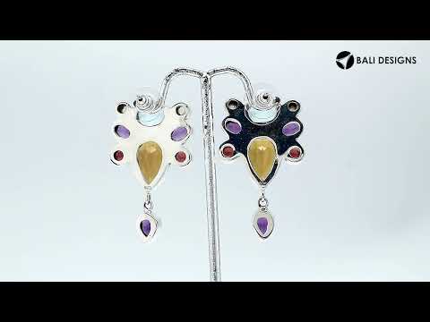 Sterling Silver Multi-Stone Cluster Drop Earrings With Blue Topaz, Amethyst, Citrine, Garnet, And Rainbow Moonstone Quartz For Wholesale Collections