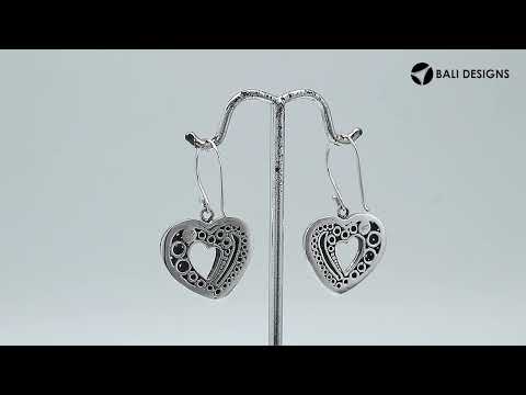 Sterling Silver Carved Heart-Shaped Dangle Earrings Featuring Dotted Balinese Detailing And Oxidized Finish