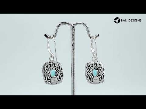 Sterling Silver Cushion Blue Topaz Quartz Earrings With Ornate Scroll Frame Handcrafted In Bali