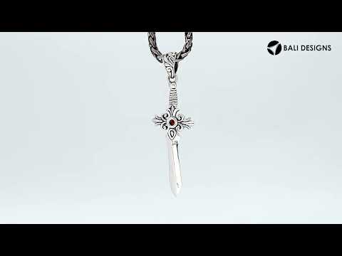 Sterling silver sword-shaped pendant with filigree guard detailing and a Red Garnet Quartz center stone designed for classic wholesale jewelry assortments
