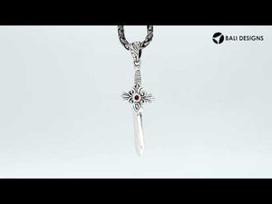Sterling silver sword-shaped pendant with filigree guard detailing and a Red Garnet Quartz center stone designed for classic wholesale jewelry assortments
