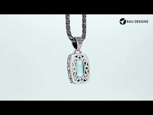 Blue Topaz Quartz rectangular pendant in 925 sterling silver with Balinese handcrafted detailing, wholesale jewelry.
