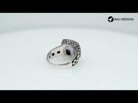 Wholesale sterling silver ring with cushion-cut Amethyst Quartz in a dotted bezel design.