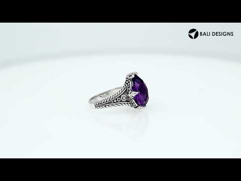 Sterling Silver Amethyst Quartz Teardrop Royal Heritage Ring With Balinese Engraving.