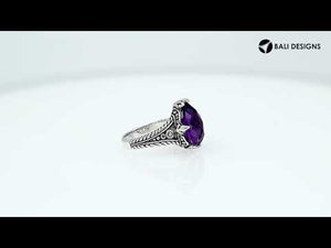 Sterling Silver Amethyst Quartz Teardrop Royal Heritage Ring With Balinese Engraving.
