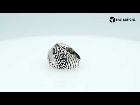 Sterling silver Balinese hammered dome ring with scrollwork and oxidized detailing – wholesale.