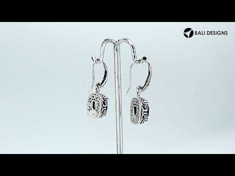 Sterling silver cushion drop earrings with Blue Topaz Quartz and oxidized ornate detailing for wholesale collections.