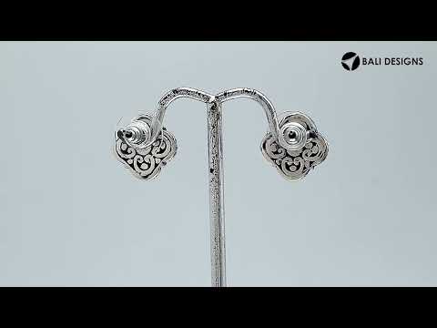 Wholesale Sterling Silver Vintage Floral Turquoise Shell Stud Earrings With Oxidized Bali Detailing