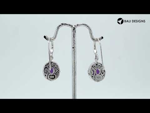 Wholesale Sterling Silver Amethyst Quartz Oval Rope-Frame Earrings With Detailed Balinese-Style Metalwork.