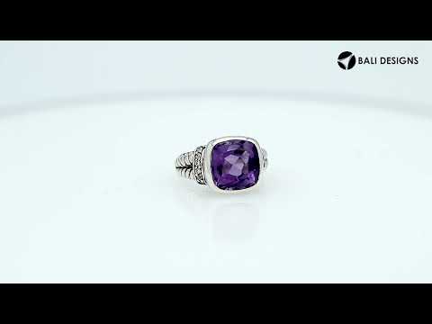 Handcrafted Amethyst Quartz and Cubic Zirconia sterling silver cushion-cut ring from Bali