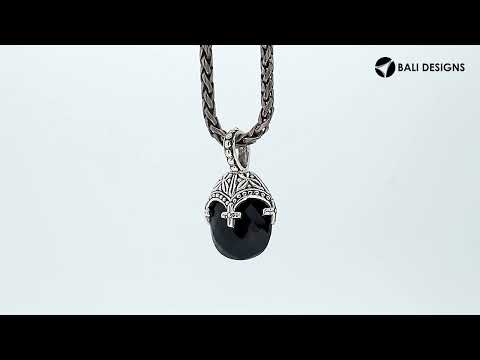 Sterling silver black onyx heart pendant with ornate Balinese handcrafted pattern