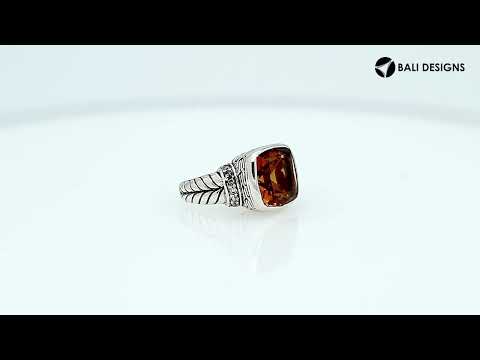 Handcrafted Citrine Quartz and Cubic Zirconia sterling silver ring with cushion-cut design from Bali