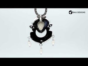 Sterling Silver Multi Stone Bone Face Pendant With Amethyst Quartz Blue Topaz Quartz Peridot Quartz Citrine Quartz And Mabe Pearl.