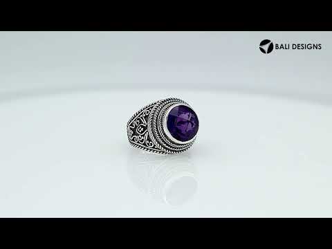 Sterling silver Balinese bold ring with round Amethyst Quartz and rope scroll design handcrafted in Bali.