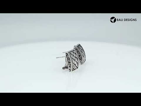 Sterling silver rectangular textured omega earrings with oxidized finish and secure clasp.