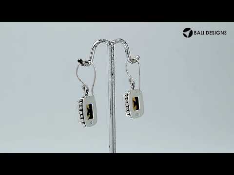Cushion Citrine Quartz silver drop earrings with artistic beaded frame