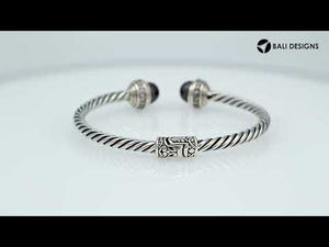 Sterling silver handcrafted bangle with pearl and cubic zirconia, twisted rope cuff made in Bali.