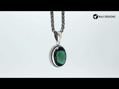 Sterling silver oval pendant with faceted green quartz and beaded border, handcrafted in Bali