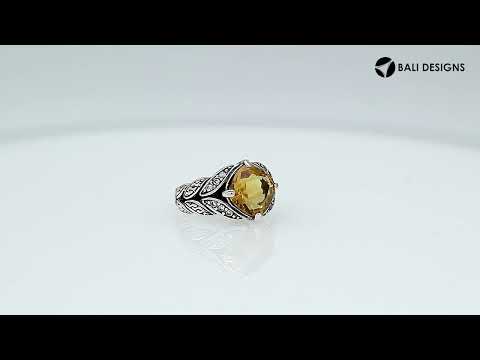 Sterling Silver Ornate Ring With Citrine Quartz And Cubic Zirconia In Balinese Carving Design