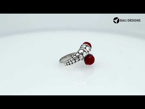 Wholesale Sterling Silver ring with double Red Coral cabochons and dotted Balinese split design