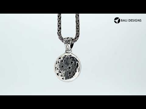 Sterling silver round pendant with Balinese scrollwork design, wholesale artisan jewelry.