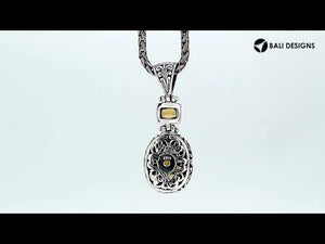 Wholesale sterling silver Peridot pendant with oval and square gemstones, handcrafted Bali filigree design and oxidized finish, artisan jewelry for bulk orders.