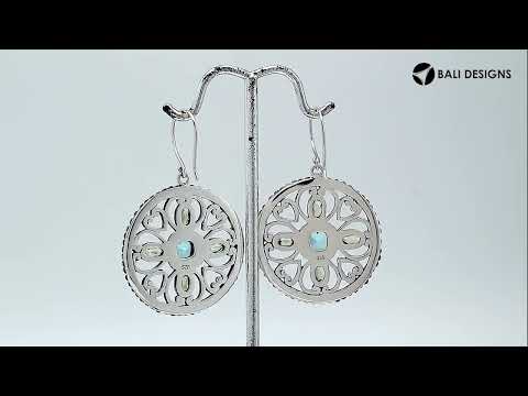 Sterling Silver Mandala Earrings With Blue Topaz Quartz Center And Peridot Quartz Marquise Accents.