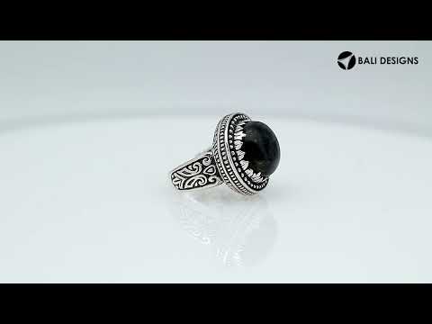 Sterling silver handcrafted Bali ring with round Mystic Quartz and beaded halo design.