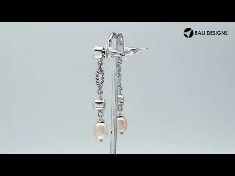 Sterling Silver Fresh Water Pearl and Smoky Quartz heart drop earrings handcrafted in Bali with rope texture and polished finish.