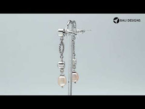 Sterling Silver Fresh Water Pearl and Smoky Quartz heart drop earrings handcrafted in Bali with rope texture and polished finish.