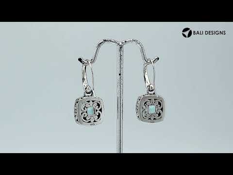 Wholesale sterling silver Blue Topaz Quartz cushion drop earrings with polished finish and earwire lock.