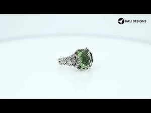 Sterling silver wholesale ring with Green Amethyst Quartz cushion shape and floral carving