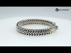 Sterling silver foxtail chain bracelet with engraved Balinese clasp and oxidized finish