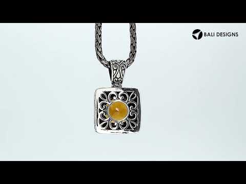Sterling silver square pendant with faceted round Citrine Quartz and Balinese scroll design, wholesale gemstone jewelry.