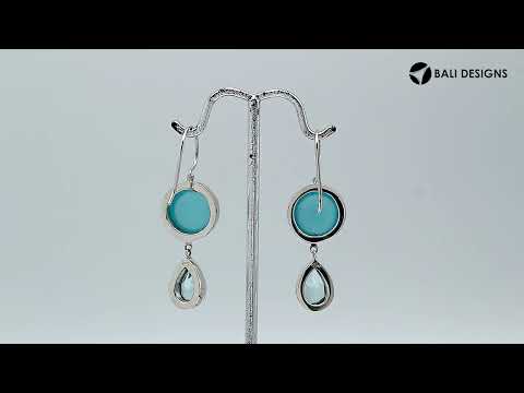 Sterling Silver Blue Chalcedony Quartz and Blue Topaz Quartz dual drop earrings handcrafted in Bali with polished bezel design.