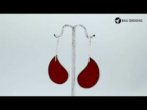 "Wholesale sterling silver teardrop earrings with genuine red coral inlay, handcrafted Bali jewelry for bulk orders."