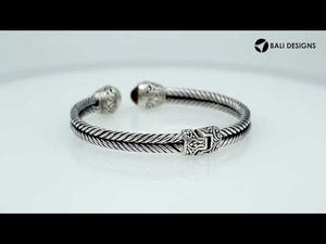 Sterling silver wholesale bangle with twisted rope design, Citrine Quartz end caps, and Balinese handcrafted motifs.