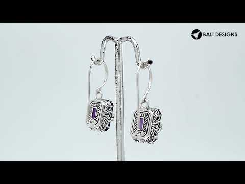 Wholesale Rectangular Sterling Silver Earrings With Amethyst Quartz And Engraved Oxidized Balinese Detailing